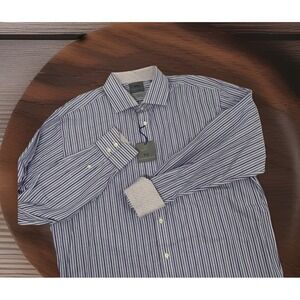 Thomas Dean Shirt Men's 16.5L Gray Striped Flip Cuffs 100% Cotton LS Button Up